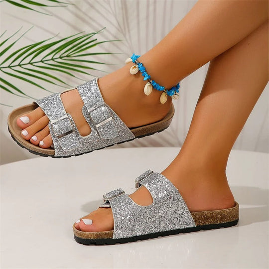 Doppelte Schnalle Pailletten-Sandalen für Frauen