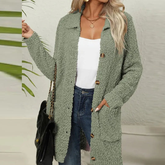 Heidi-Mode | Lange Teddyjacke mit Knopfverschluss Fleece Weich und Warm