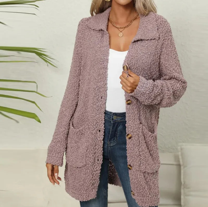 Heidi-Mode | Lange Teddyjacke mit Knopfverschluss Fleece Weich und Warm