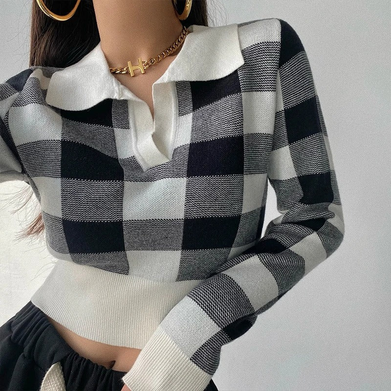 Heidi-Mode | Eleganter, Trendiger, Karierter Damen Polopullover mit V-ausschnitt