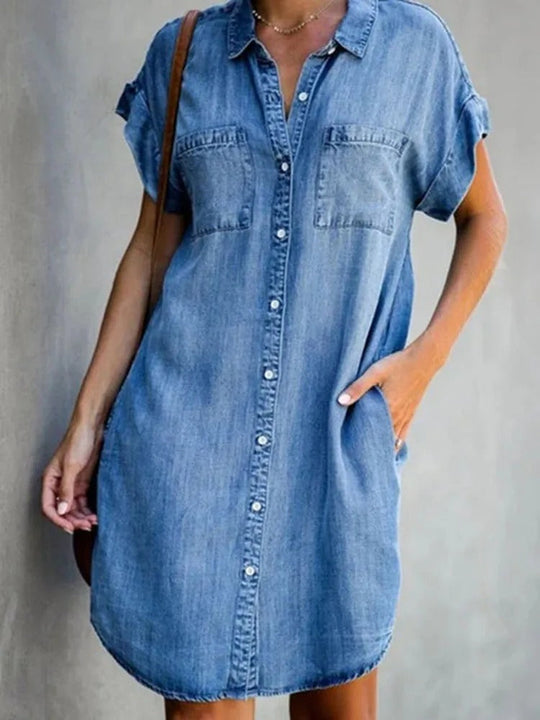 Denim Kleid | Stylisches Denim/Jeans Mid-Kleid, Jeanskleid für Damen mit Knopfverschluss und Kragen