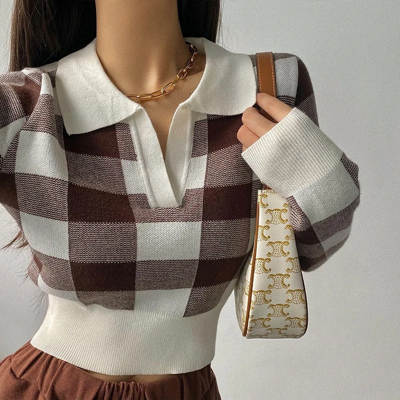 Heidi-Mode | Eleganter, Trendiger, Karierter Damen Polopullover mit V-ausschnitt