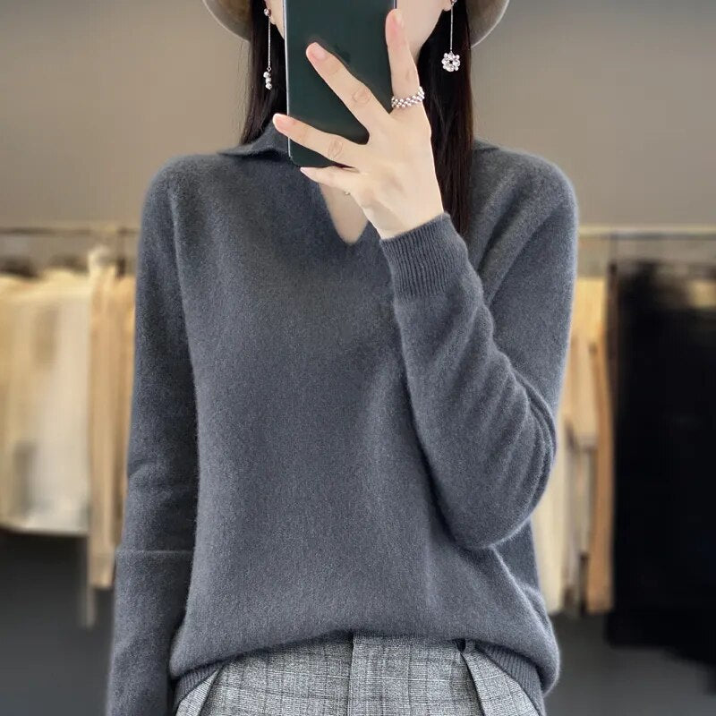 Heidi-Mode | Weicher Damenpullover, V-Ausschnitt mit Kragen