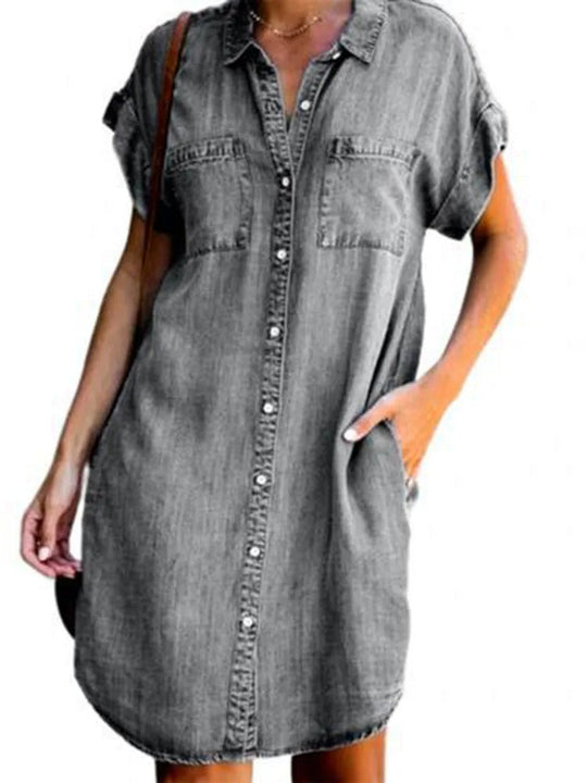 Denim Kleid | Stylisches Denim/Jeans Mid-Kleid, Jeanskleid für Damen mit Knopfverschluss und Kragen