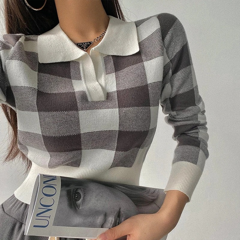 Heidi-Mode | Eleganter, Trendiger, Karierter Damen Polopullover mit V-ausschnitt
