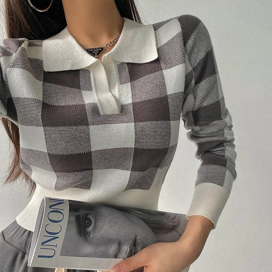 Heidi-Mode | Eleganter, Trendiger, Karierter Damen Polopullover mit V-ausschnitt