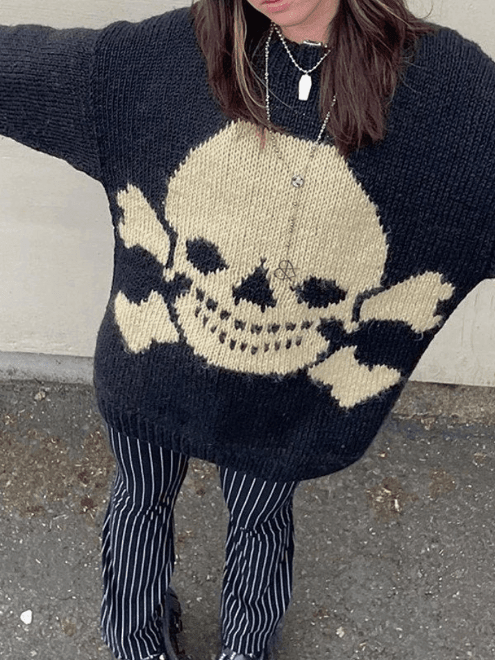 Heidi-Mode | Weinlese Skull Jacquard Pullover Sweatshirt