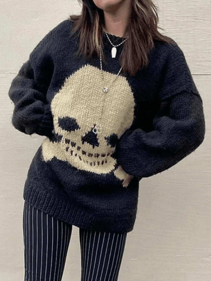 Heidi-Mode | Weinlese Skull Jacquard Pullover Sweatshirt