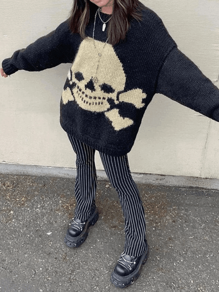 Heidi-Mode | Weinlese Skull Jacquard Pullover Sweatshirt