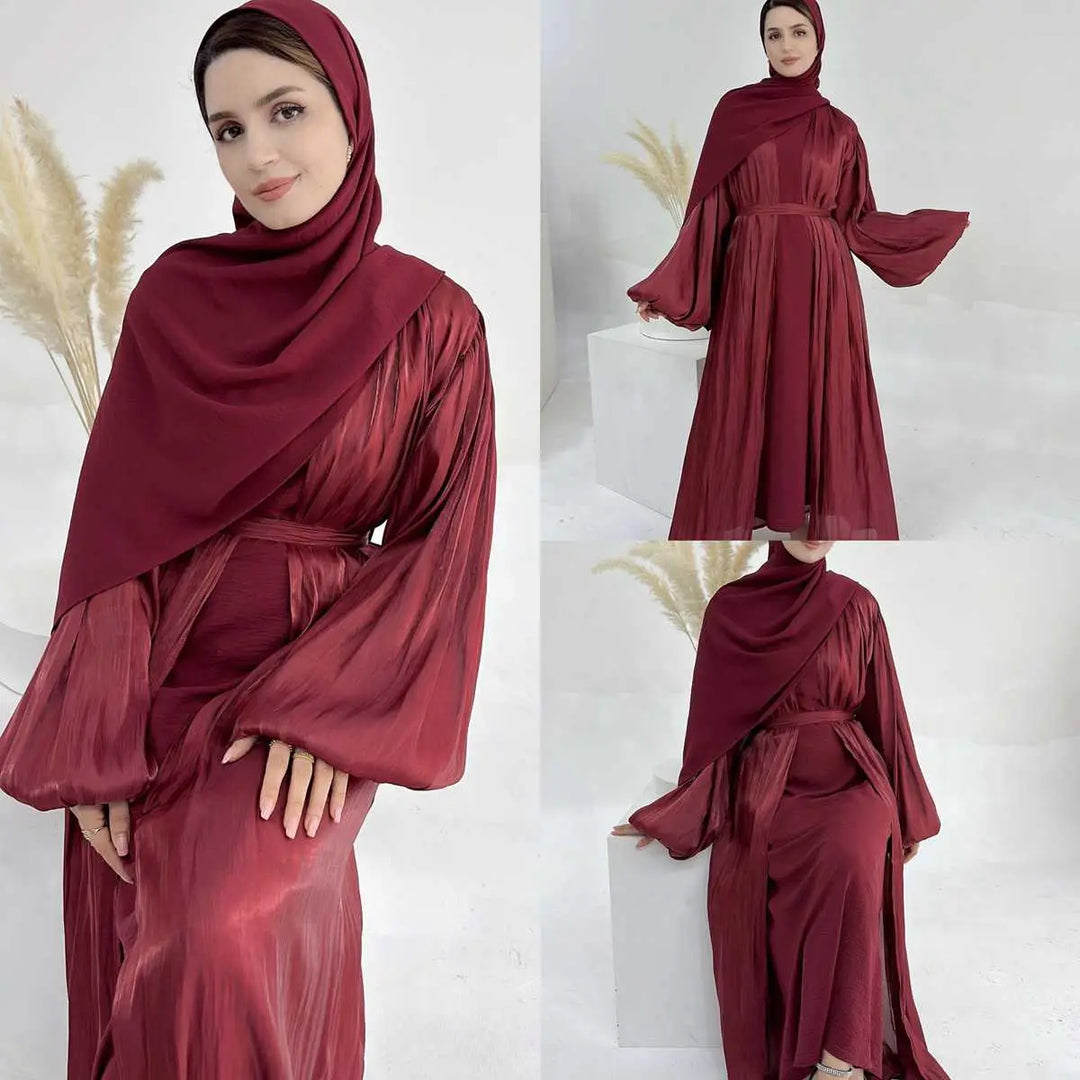 Heidi-Mode | Muslim Dubai Puffärmel Offene Abaya Kleid mit Hijab Schal