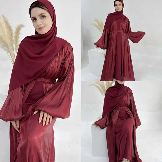 Heidi-Mode | Muslim Dubai Puffärmel Offene Abaya Kleid mit Hijab Schal