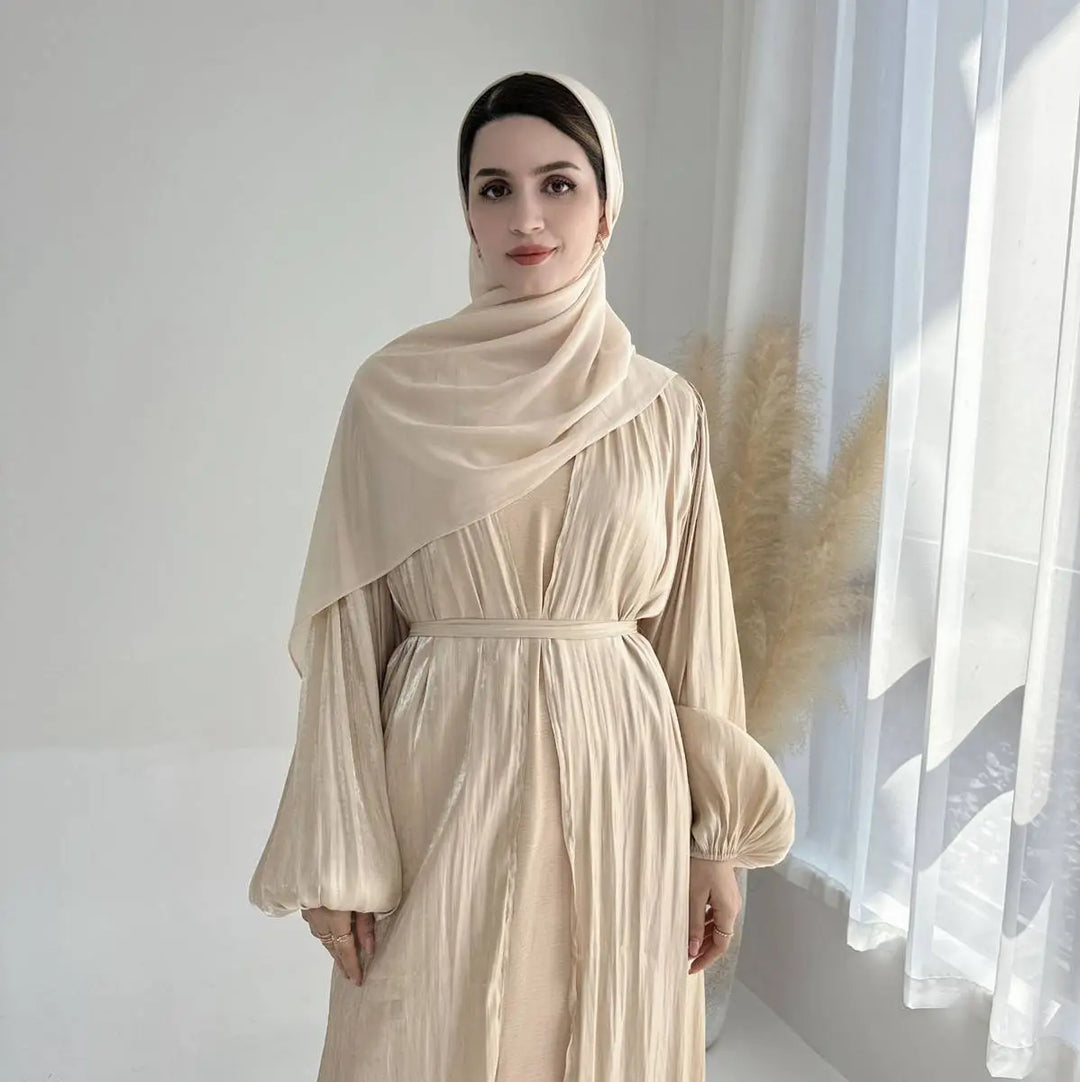 Heidi-Mode | Muslim Dubai Puffärmel Offene Abaya Kleid mit Hijab Schal
