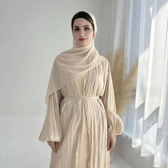Heidi-Mode | Muslim Dubai Puffärmel Offene Abaya Kleid mit Hijab Schal