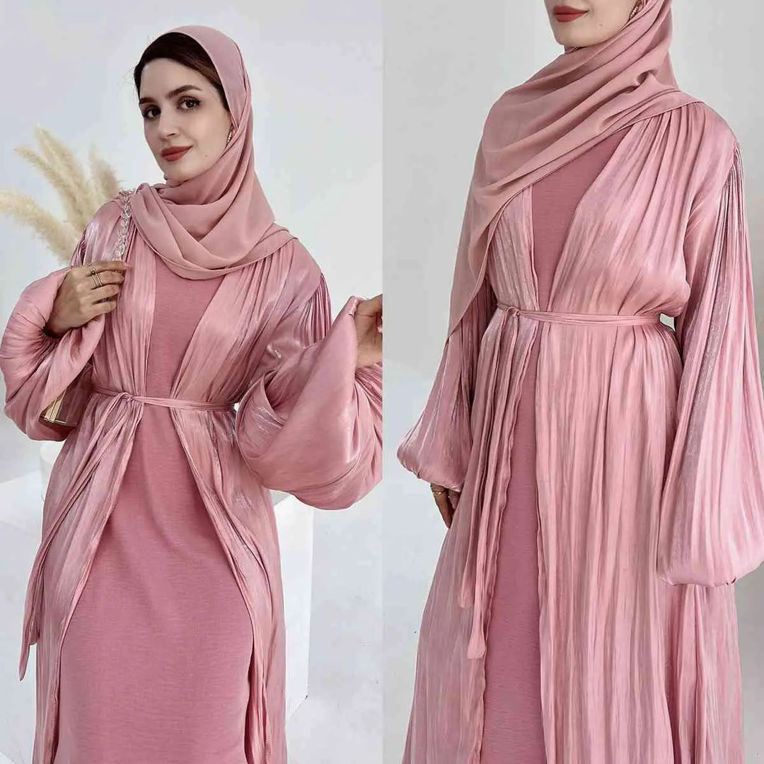 Heidi-Mode | Muslim Dubai Puffärmel Offene Abaya Kleid mit Hijab Schal