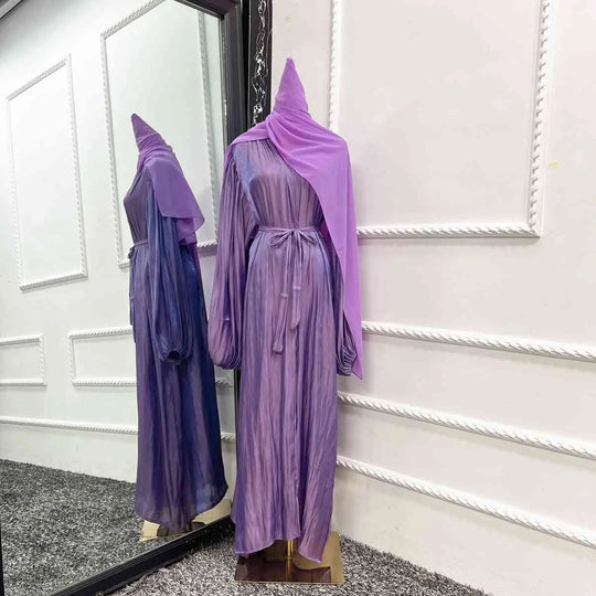 Heidi-Mode | Muslim Dubai Puffärmel Offene Abaya Kleid mit Hijab Schal