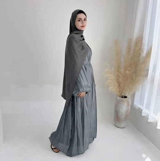 Heidi-Mode | Muslim Dubai Puffärmel Offene Abaya Kleid mit Hijab Schal