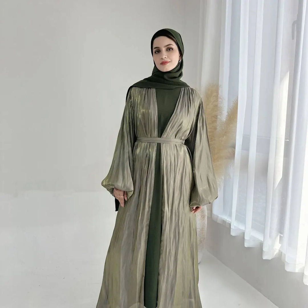 Heidi-Mode | Muslim Dubai Puffärmel Offene Abaya Kleid mit Hijab Schal