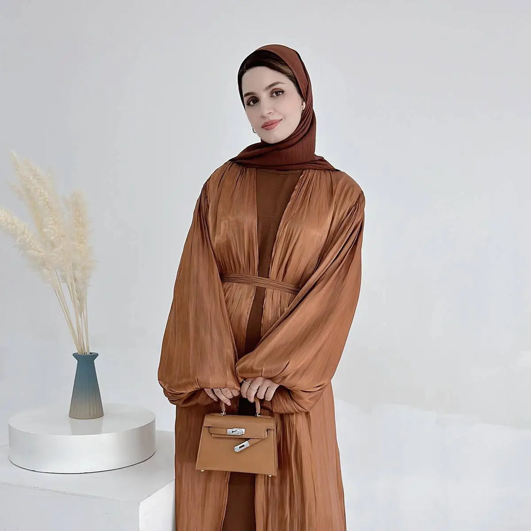 Heidi-Mode | Muslim Dubai Puffärmel Offene Abaya Kleid mit Hijab Schal