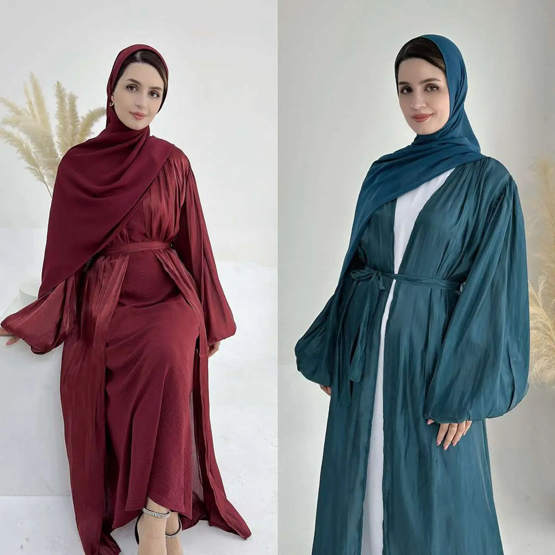 Heidi-Mode | Muslim Dubai Puffärmel Offene Abaya Kleid mit Hijab Schal