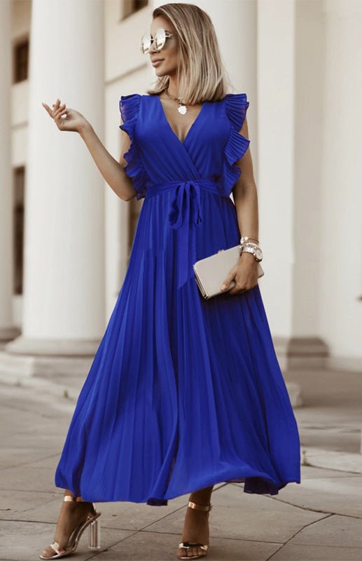 Heidi-Mode | Damen Strand Sexy Lotusblatt Ärmel Chiffon Plissee Rock Einfarbig Kleid