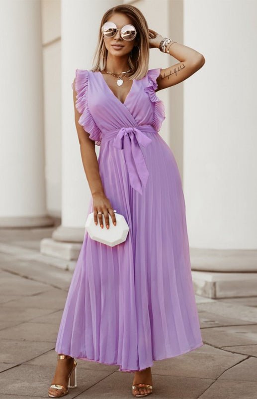 Heidi-Mode | Damen Strand Sexy Lotusblatt Ärmel Chiffon Plissee Rock Einfarbig Kleid