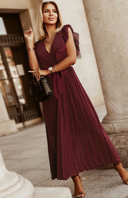 Heidi-Mode | Damen Strand Sexy Lotusblatt Ärmel Chiffon Plissee Rock Einfarbig Kleid