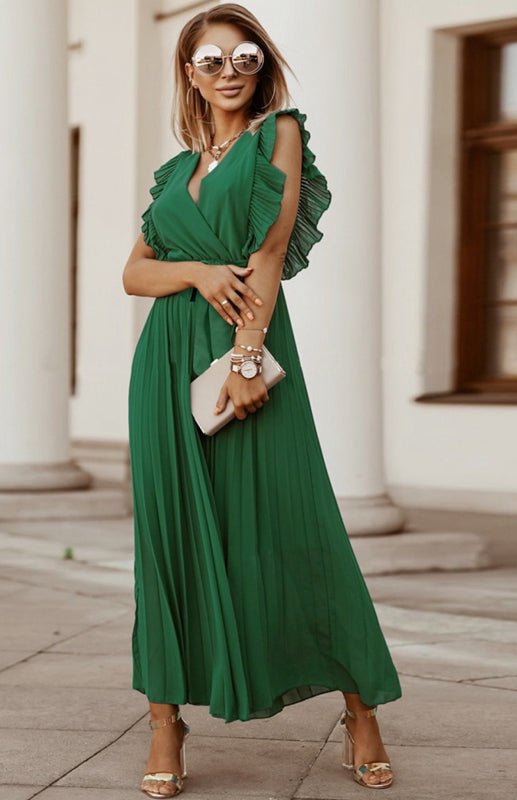 Heidi-Mode | Damen Strand Sexy Lotusblatt Ärmel Chiffon Plissee Rock Einfarbig Kleid