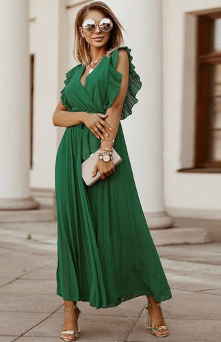 Heidi-Mode | Damen Strand Sexy Lotusblatt Ärmel Chiffon Plissee Rock Einfarbig Kleid
