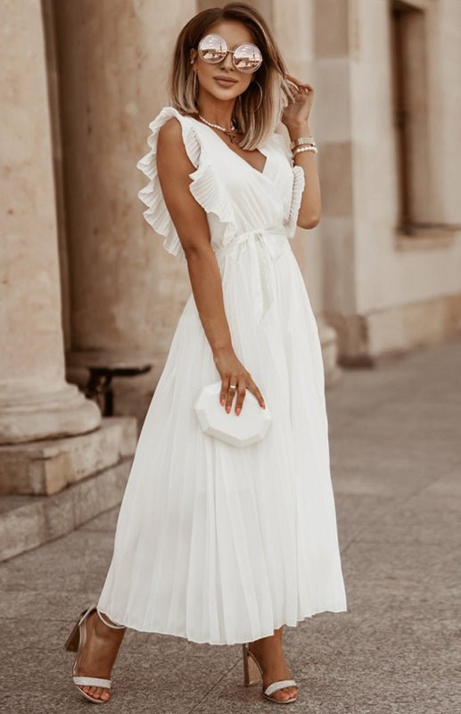 Heidi-Mode | Damen Strand Sexy Lotusblatt Ärmel Chiffon Plissee Rock Einfarbig Kleid