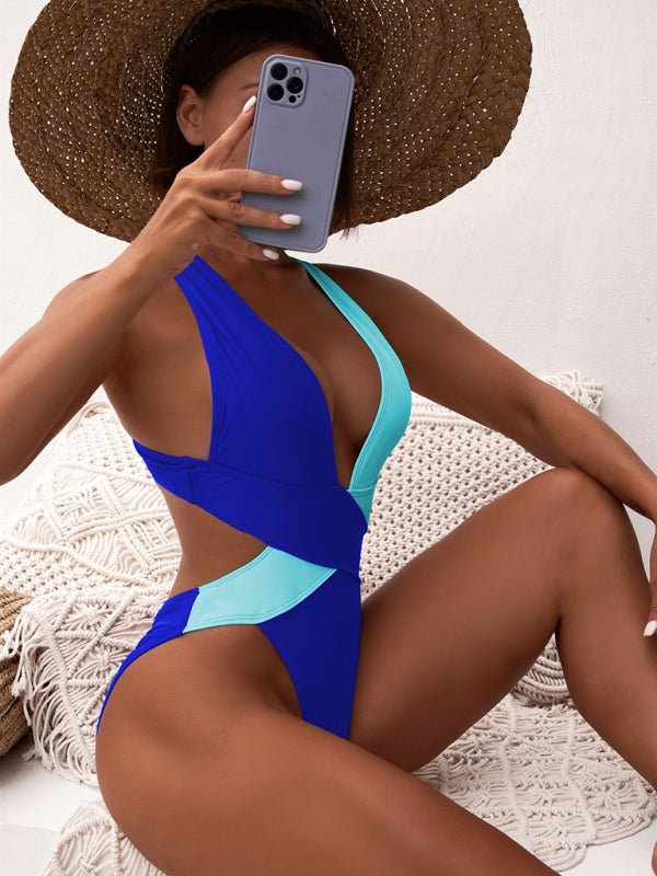 Heidi-Mode | Damen Bicolor V-Ausschnitt Einteiler Badeanzug