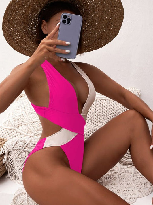 Heidi-Mode | Damen Bicolor V-Ausschnitt Einteiler Badeanzug