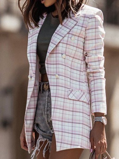Heidi-Mode | Frauen Blazer Check Doppelreihiger Slim Fit Blazer
