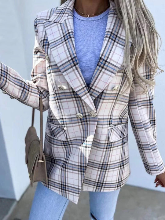 Heidi-Mode | Frauen Blazer Check Doppelreihiger Slim Fit Blazer