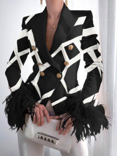 Heidi-Mode | Damen Blazer Mode Druck Knopf Langarm Feder Blazer