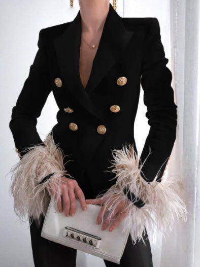 Heidi-Mode | Damen Blazer Mode Druck Knopf Langarm Feder Blazer