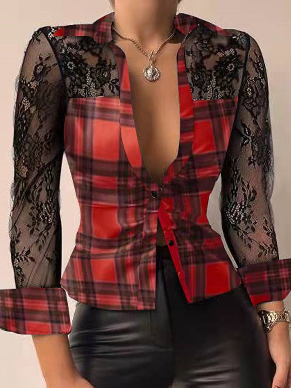 Heidi-Mode | Damen Blusen Lange Ärmel V-Ausschnitt Gedruckte Spitze Bluse