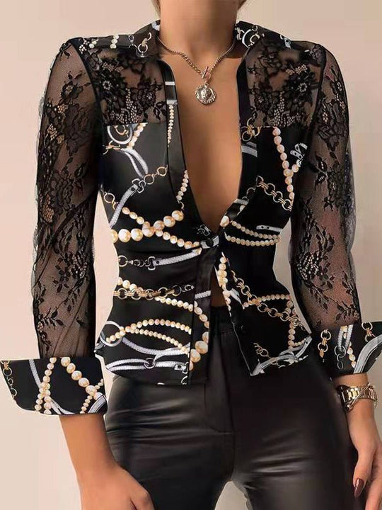 Heidi-Mode | Damen Blusen Lange Ärmel V-Ausschnitt Gedruckte Spitze Bluse