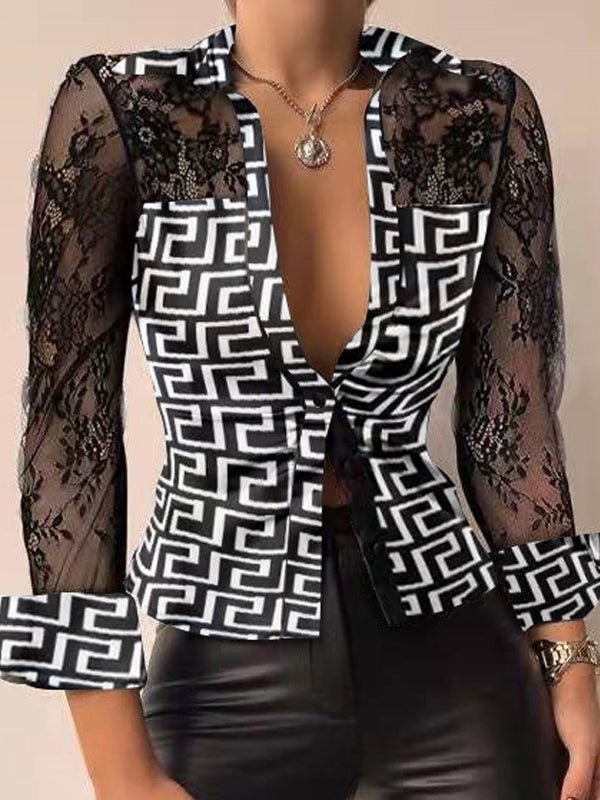 Heidi-Mode | Damen Blusen Lange Ärmel V-Ausschnitt Gedruckte Spitze Bluse