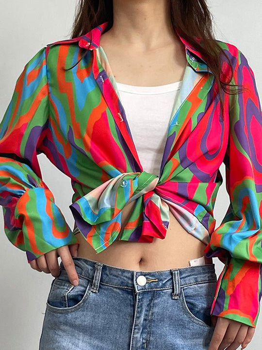 Heidi-Mode | Damenblusen Locker Print Knopf Ballonärmel Bluse