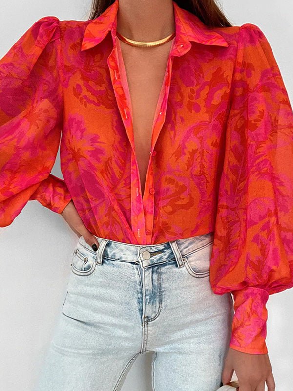 Heidi-Mode | Damenblusen Locker Print Knopf Ballonärmel Bluse