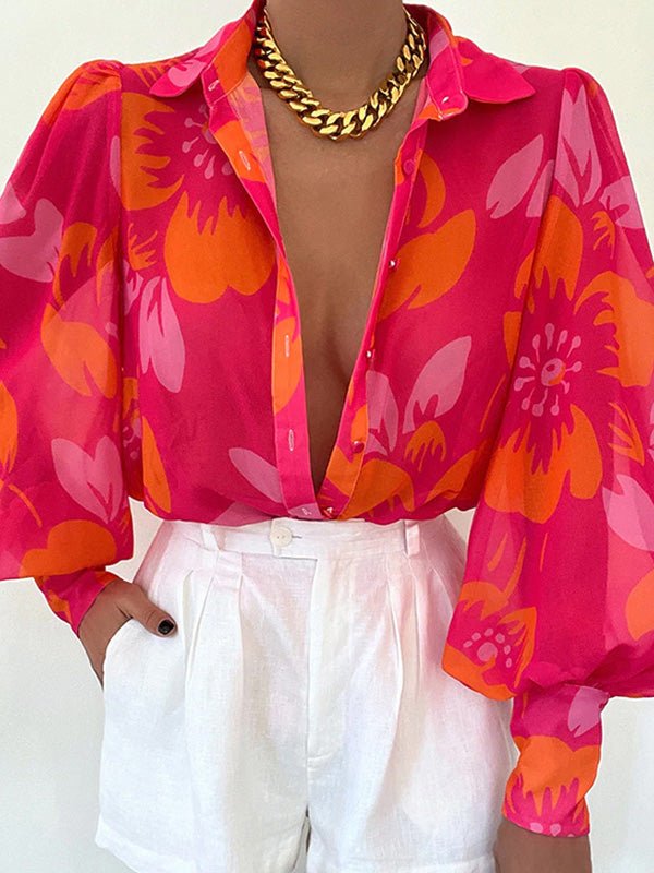 Heidi-Mode | Damenblusen Locker Print Knopf Ballonärmel Bluse