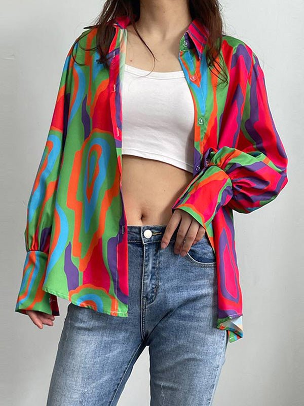 Heidi-Mode | Damenblusen Locker Print Knopf Ballonärmel Bluse