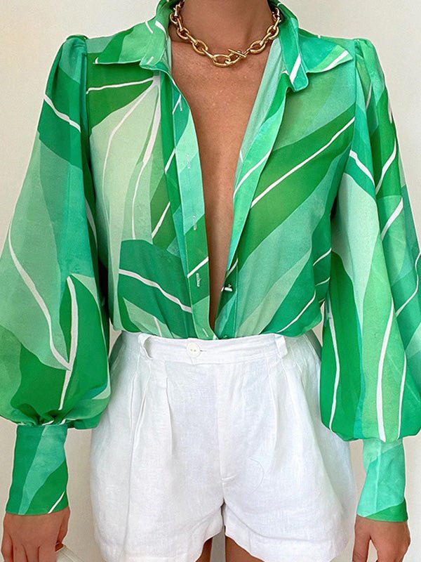 Heidi-Mode | Damenblusen Locker Print Knopf Ballonärmel Bluse