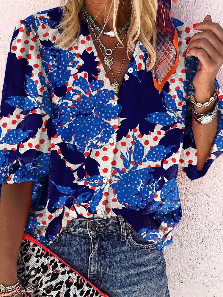 Heidi-Mode | Damen Blusen Lockere Druck Revers Lange Ärmel Bluse