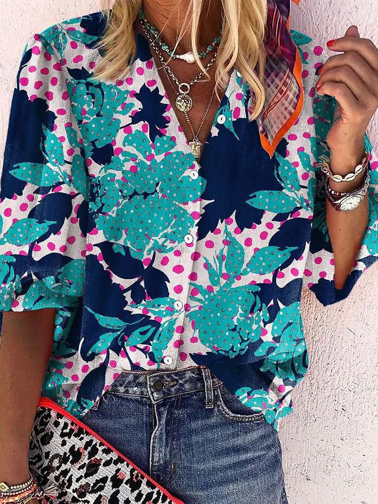 Heidi-Mode | Damen Blusen Lockere Druck Revers Lange Ärmel Bluse