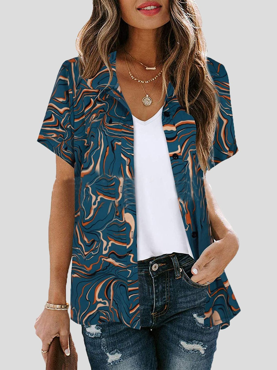 Heidi-Mode | Frauen Blusen Gedruckt Revers Kurzarm Bluse