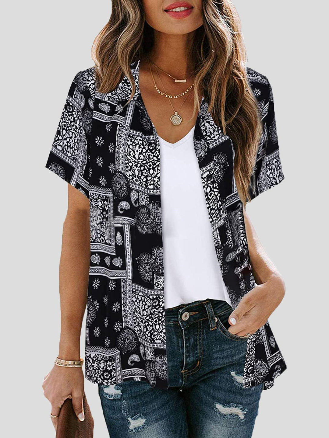 Heidi-Mode | Frauen Blusen Gedruckt Revers Kurzarm Bluse