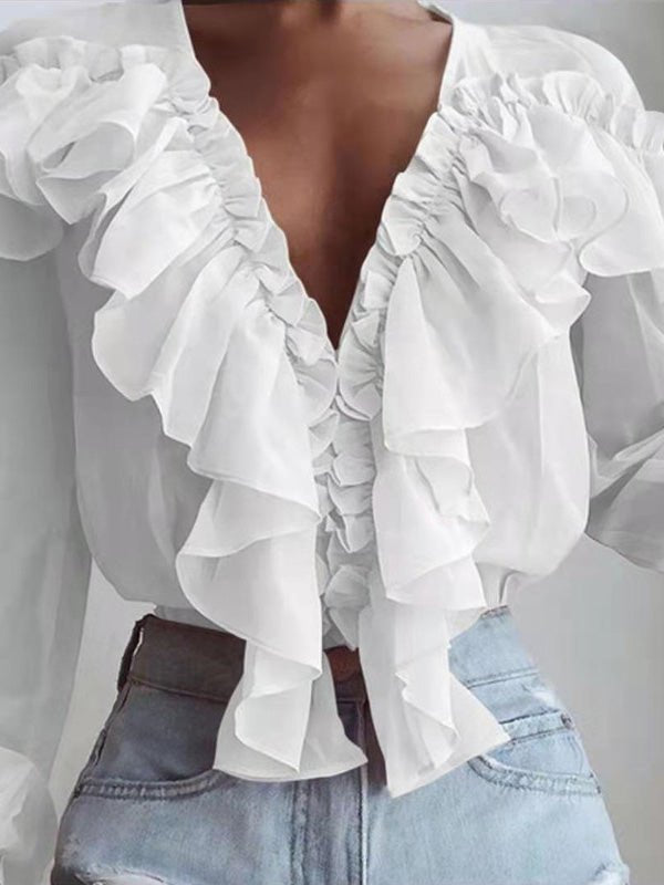 Heidi-Mode | Damenblusen Rüschenter V-Ausschnitt Chiffon Langärmlige Bluse