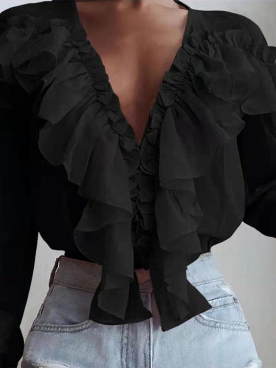 Heidi-Mode | Damenblusen Rüschenter V-Ausschnitt Chiffon Langärmlige Bluse