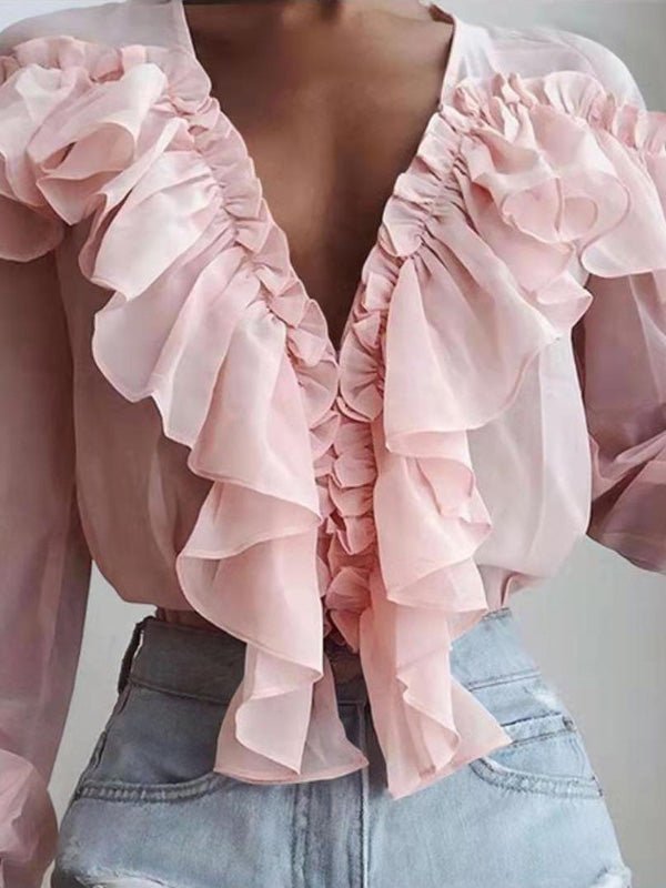 Heidi-Mode | Damenblusen Rüschenter V-Ausschnitt Chiffon Langärmlige Bluse